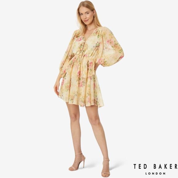 Ted Baker **NWT** Tamziiy Floral Print Tie Front Mini Dress, Tan - Picture 4 of 12